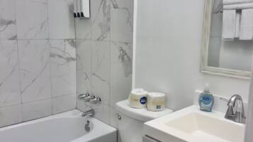 Hair dryer, towels, soap, toilet paper