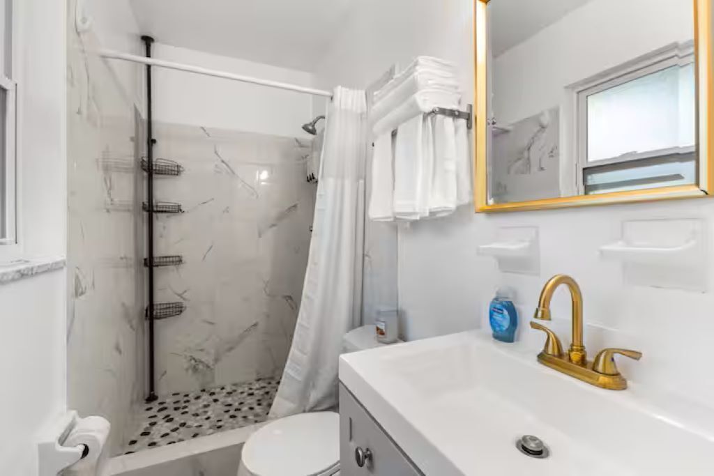 Hair dryer, towels, soap, toilet paper