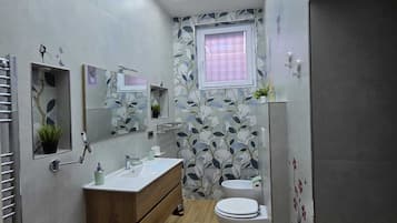 Shower, hair dryer, bidet, towels