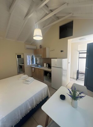 Une pièce de taille modeste comprenant un lit, une petite table avec une plante, une kitchenette équipée d’un réfrigérateur et une fenêtre.