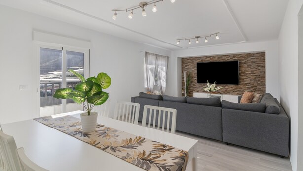 A modern living room with a grey sofa, a flat-screen TV mounted on a stone wall, a dining area with a white table and chairs, and a large potted plant.
