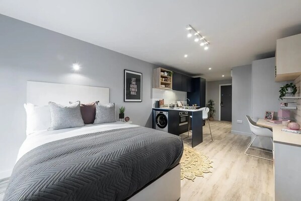 Camera moderna con un letto grande, un angolo cottura piccolo e una scrivania.
