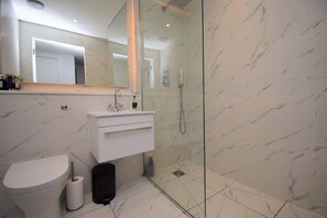 Shower, hair dryer, towels