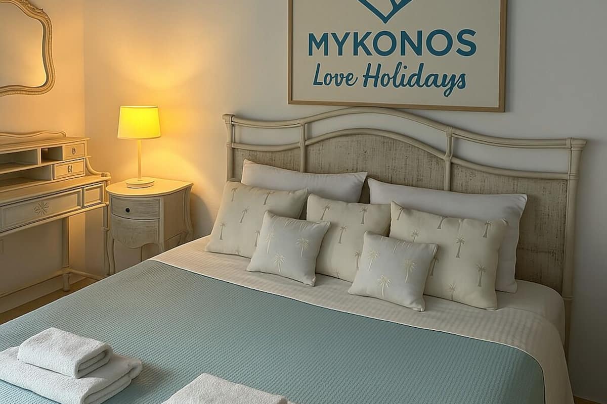 A neatly made bed with a light blue bedspread and white pillows, a bedside lamp, and a framed sign above the bed that reads "MYKONOS Love Holidays".