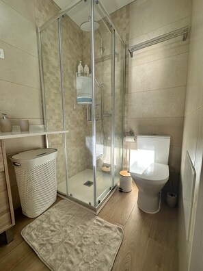 Shower, hair dryer, towels, toilet paper