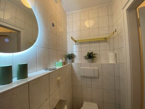 Shower, towels, soap, toilet paper