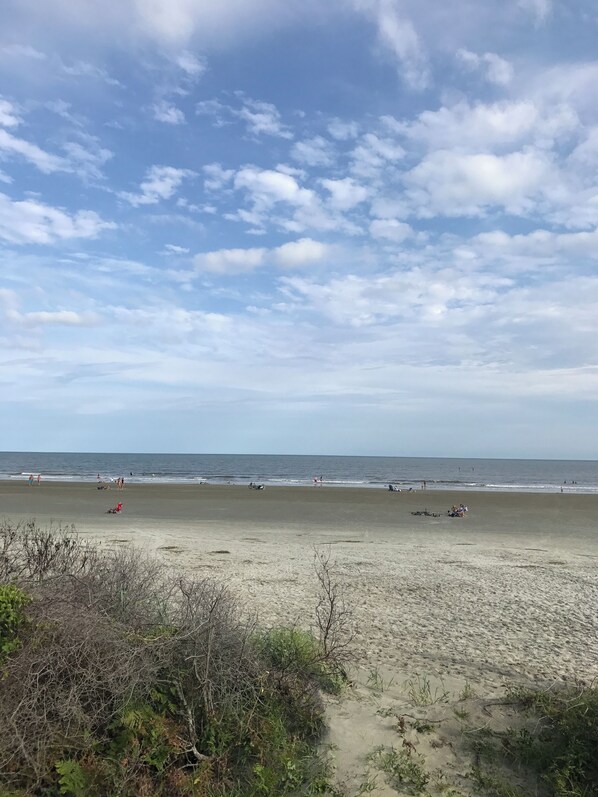 Una playa con cielo despejado y mar tranquilo.