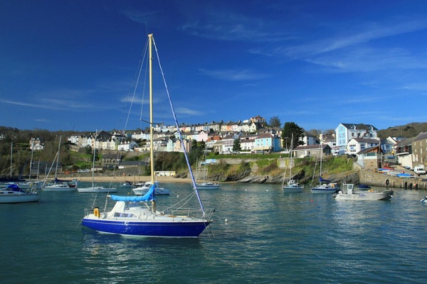 Sailing boat in New Quay harbour with harbour walls and painted houses in background