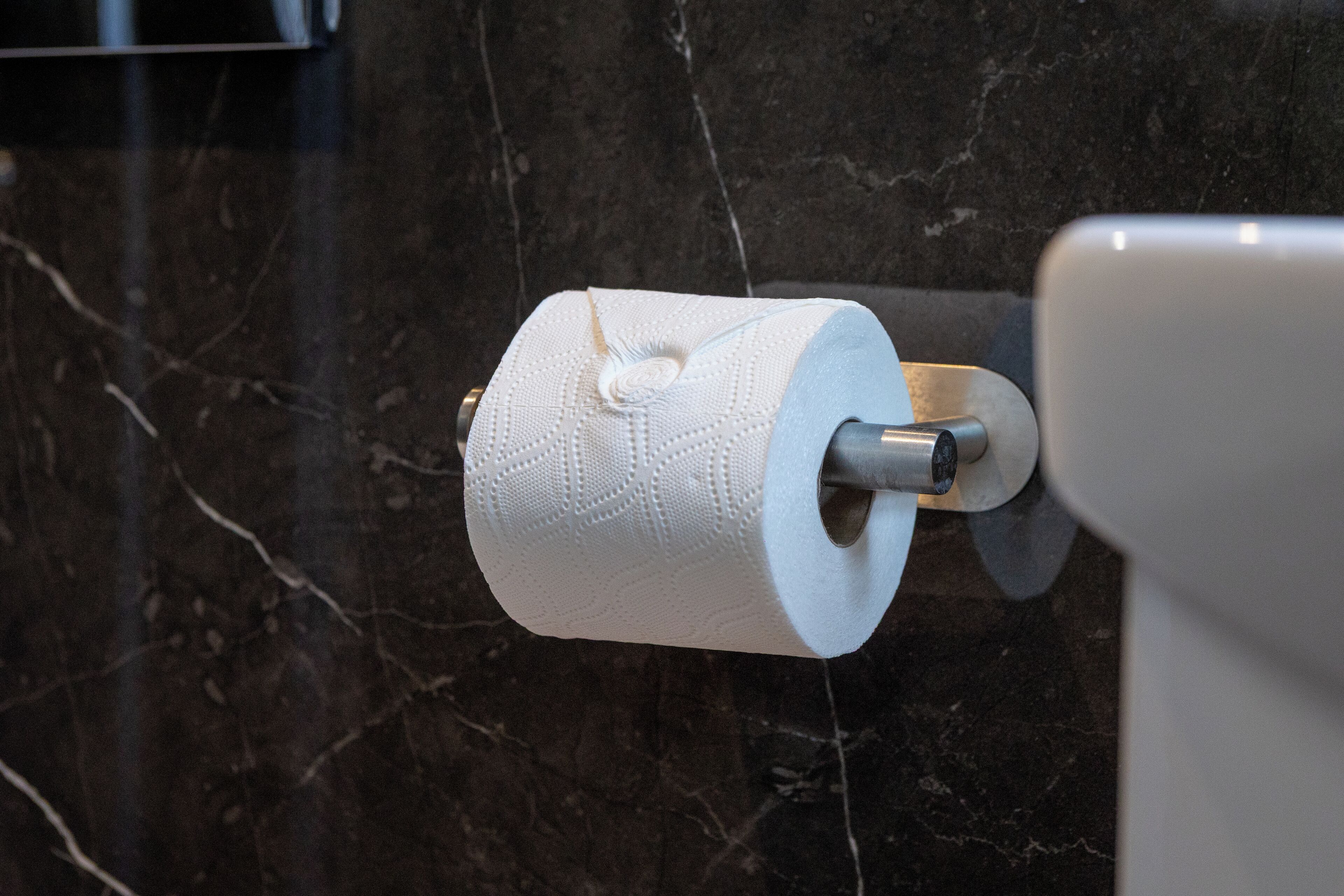 Toiletpapir monteret på væggen med en marmoroverflade.