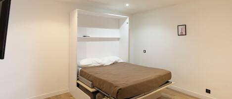 A bedroom with a bed, built-in storage, and a wooden floor.