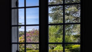 A room with a large window revealing a swimming pool and lush greenery.