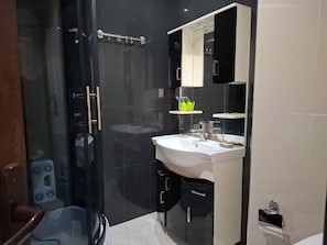 Hair dryer, towels, soap, toilet paper