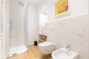 Shower, hair dryer, bidet, towels