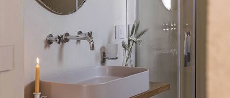 Shower, hair dryer, bidet, towels