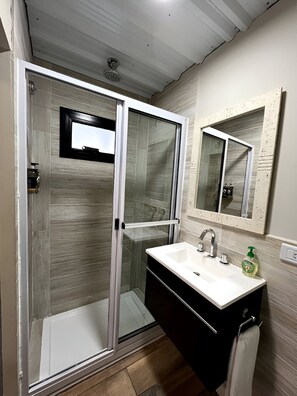 Shower, hair dryer, bidet, towels
