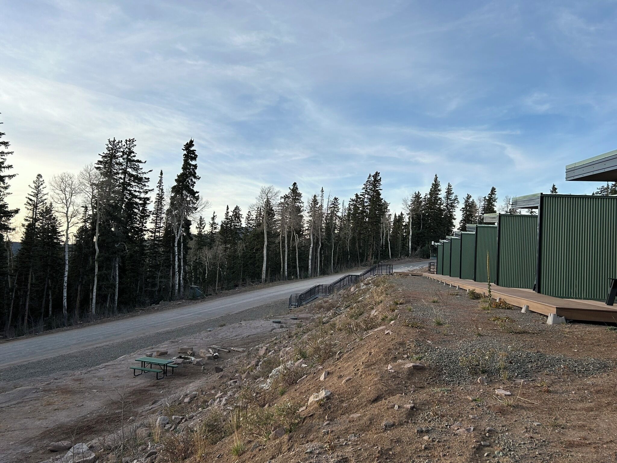 A dirt road with a picnic table and benches, surrounded by tall trees and a green building with a metal roof.