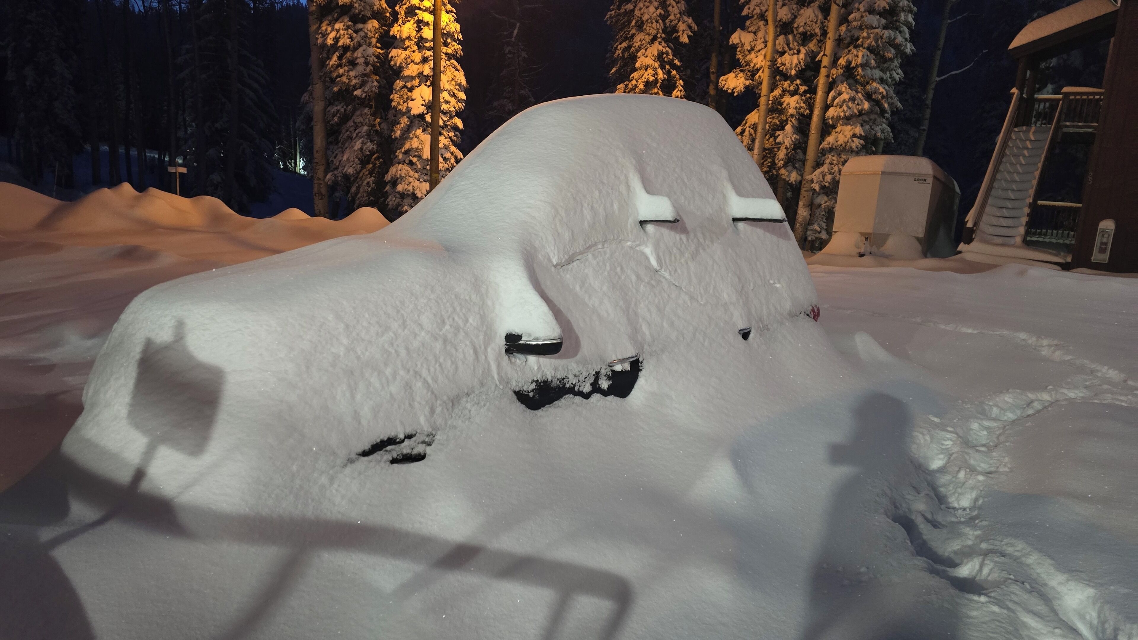 A snow-covered structure resembling a car with a snowman face, surrounded by snow and trees.