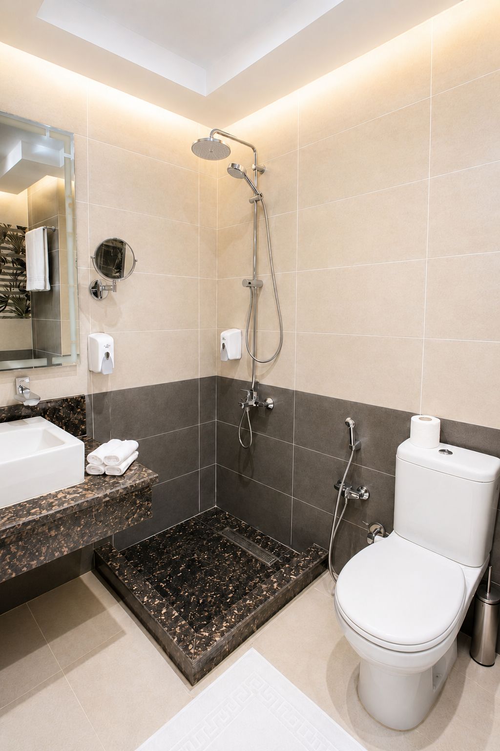 A modern bathroom with a shower, toilet, sink, and a mirror.