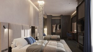 A modern hotel room with two beds, a wardrobe, a desk, and a TV. - Kira Suites Hotel Milano (Milan)