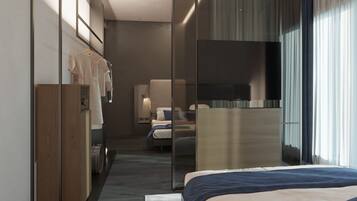 Värdeförvaringsskåp på rummet, skrivbord och mörkläggningsgardiner