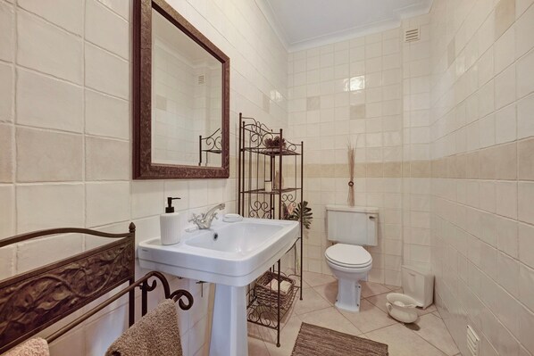A bathroom with a white sink, a mirror, a toilet, and a metal rack.