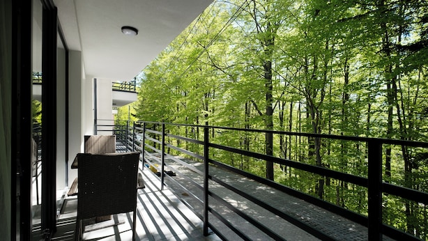 Een balkon met uitzicht op een bos.