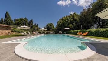 Seasonal outdoor pool, pool umbrellas, pool loungers