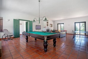 Une pièce spacieuse équipée d’une table de billard, d’une porte verte, d’un téléviseur et d’une cheminée.