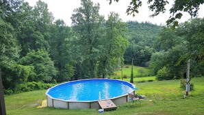 Un jardín trasero con piscina rodeada de césped y árboles.