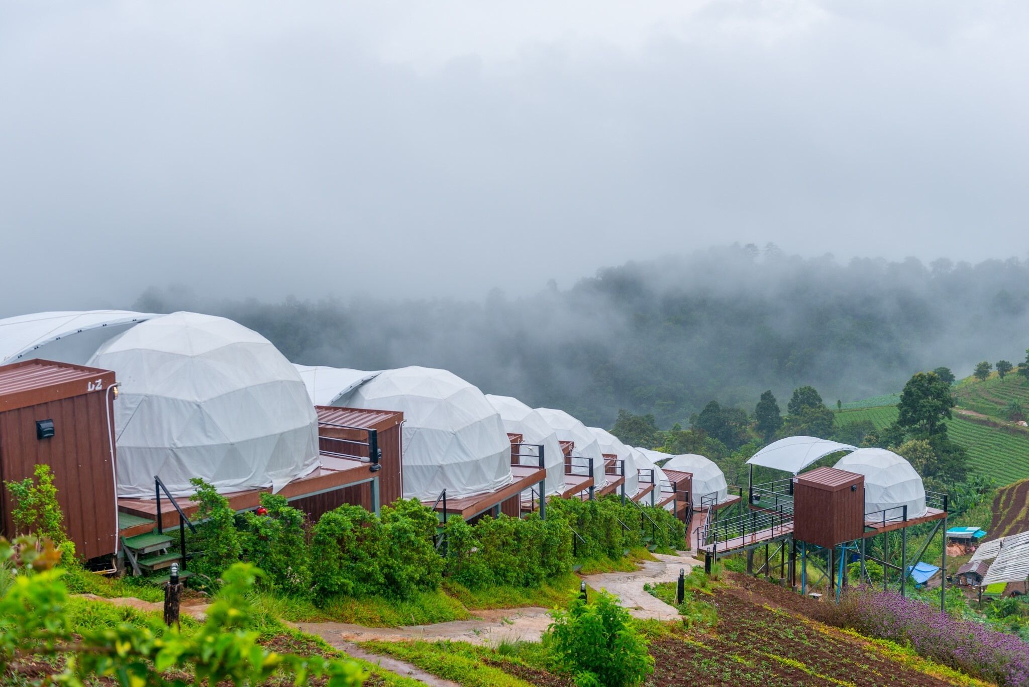 A series of dome-shaped structures with wooden walkways, surrounded by lush greenery and misty hills.
