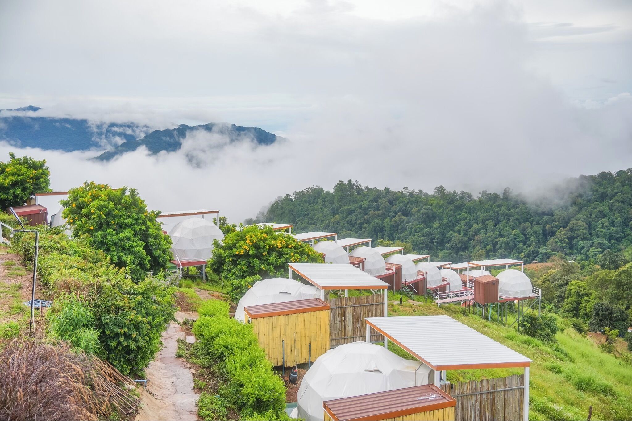 Una serie di strutture a forma di cupola con cabine di legno adiacenti, sullo sfondo di una vegetazione lussureggiante e montagne avvolte nella nebbia.