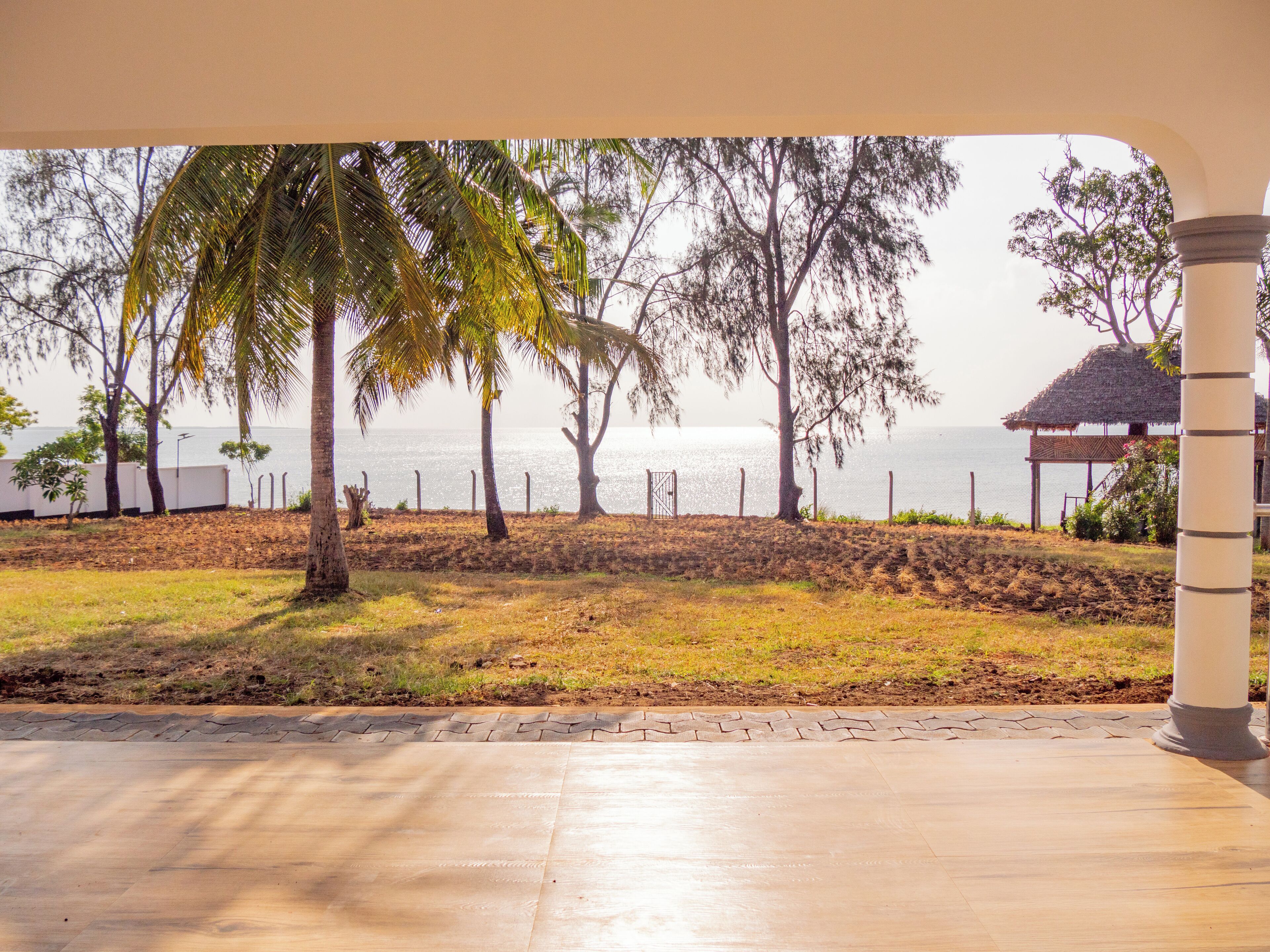 A beach view with palm trees, a thatched-roof structure, and a paved area.