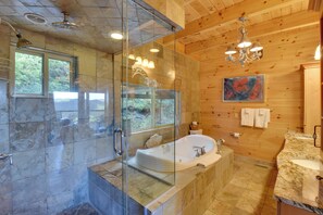 Shower, jetted tub, hair dryer, towels