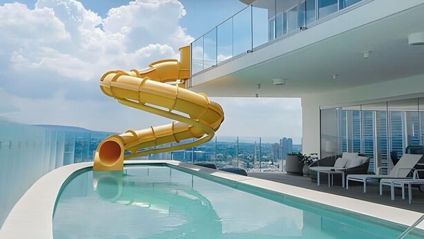 Una piscina moderna d'hidromassatge infinit, amb tobogan groc, gandules i vista a la ciutat.