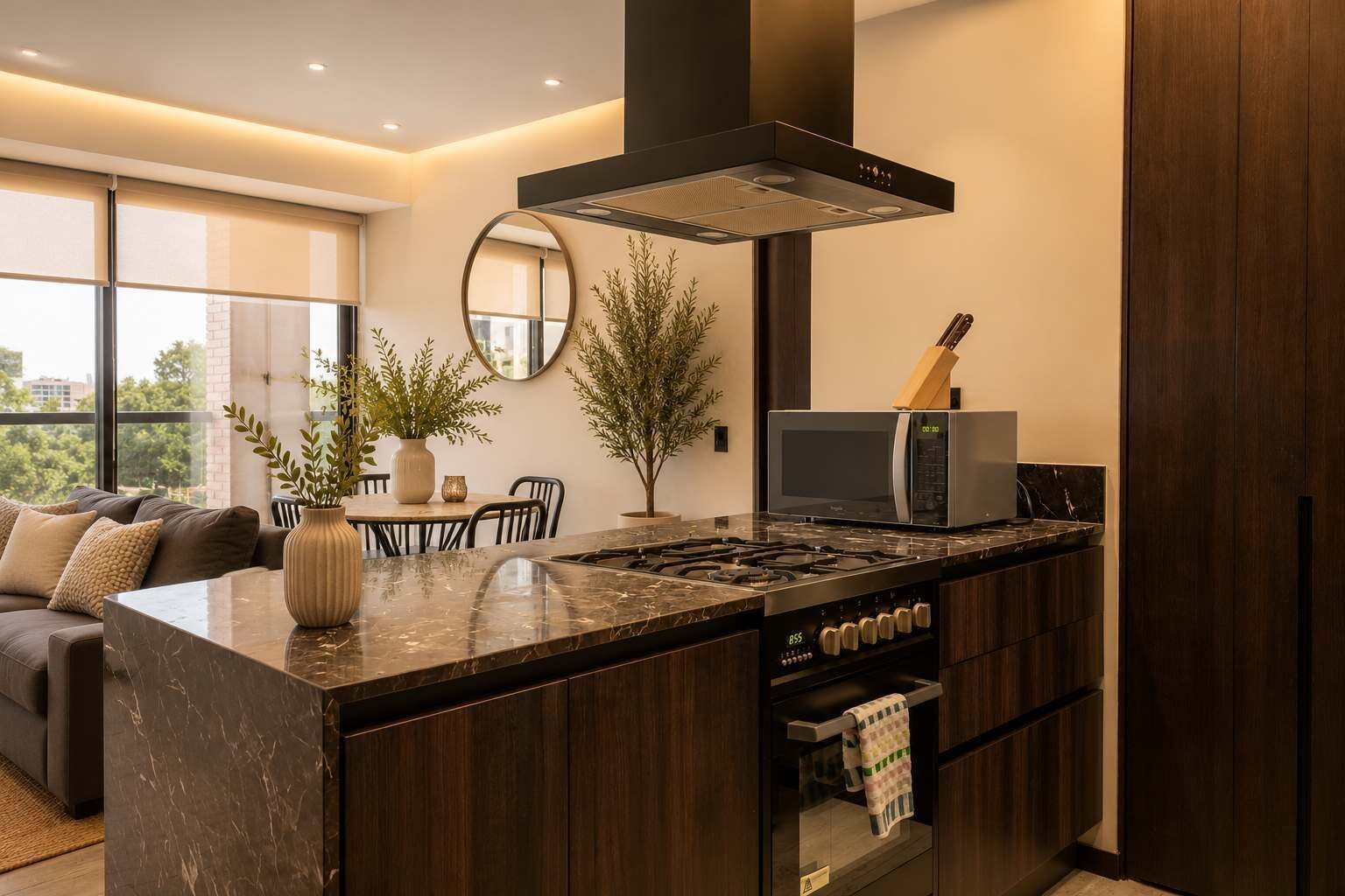 Uma cozinha moderna com uma ilha central, forno embutido e micro-ondas.