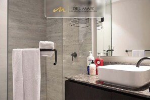 Shower, hair dryer, shampoo