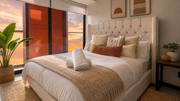 Quarto com uma cama grande, vista do pôr do sol por uma porta de correr e uma planta em vaso.