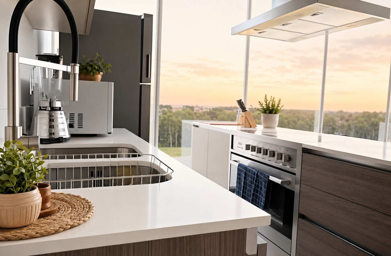 Wasserkocher mit Kaffee-/Teezubehör, Kühlschrank, Mikrowelle, Ofen