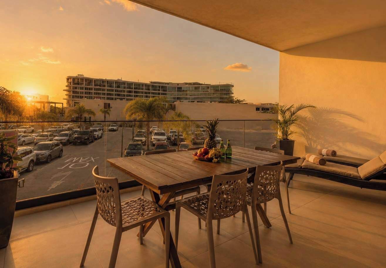 A balcony with a wooden table and chairs, a small seating area, and a view of a parking lot and buildings.