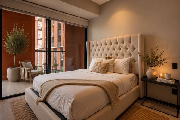 A modern bedroom with a large bed, a tufted headboard, and a view of a building through large windows.