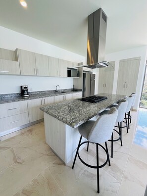 Fridge, microwave, cookware/dishes/utensils