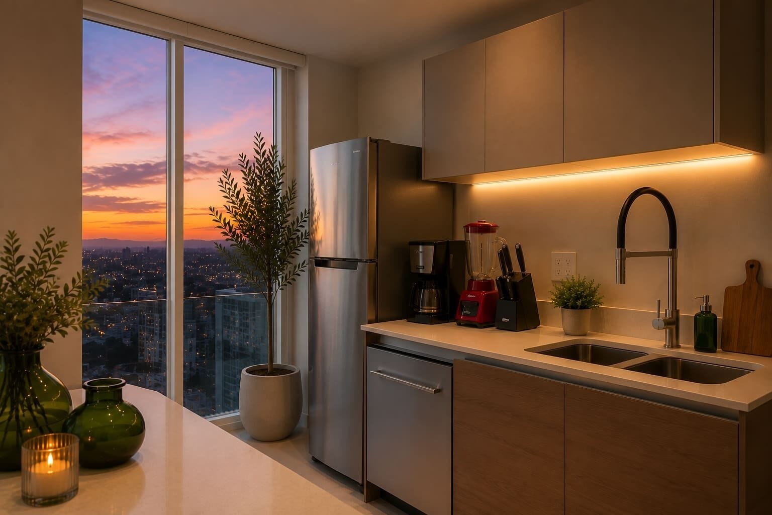 A modern kitchen with a stainless steel refrigerator, a coffee maker, and a sink. There is a view of a cityscape through a large window.