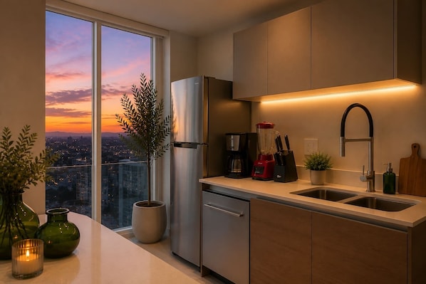 A modern kitchen with a stainless steel refrigerator, a coffee maker, and a sink. There is a view of a cityscape through a large window.