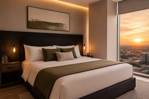 A modern bedroom with a large bed, a city view, and a minimalist design.