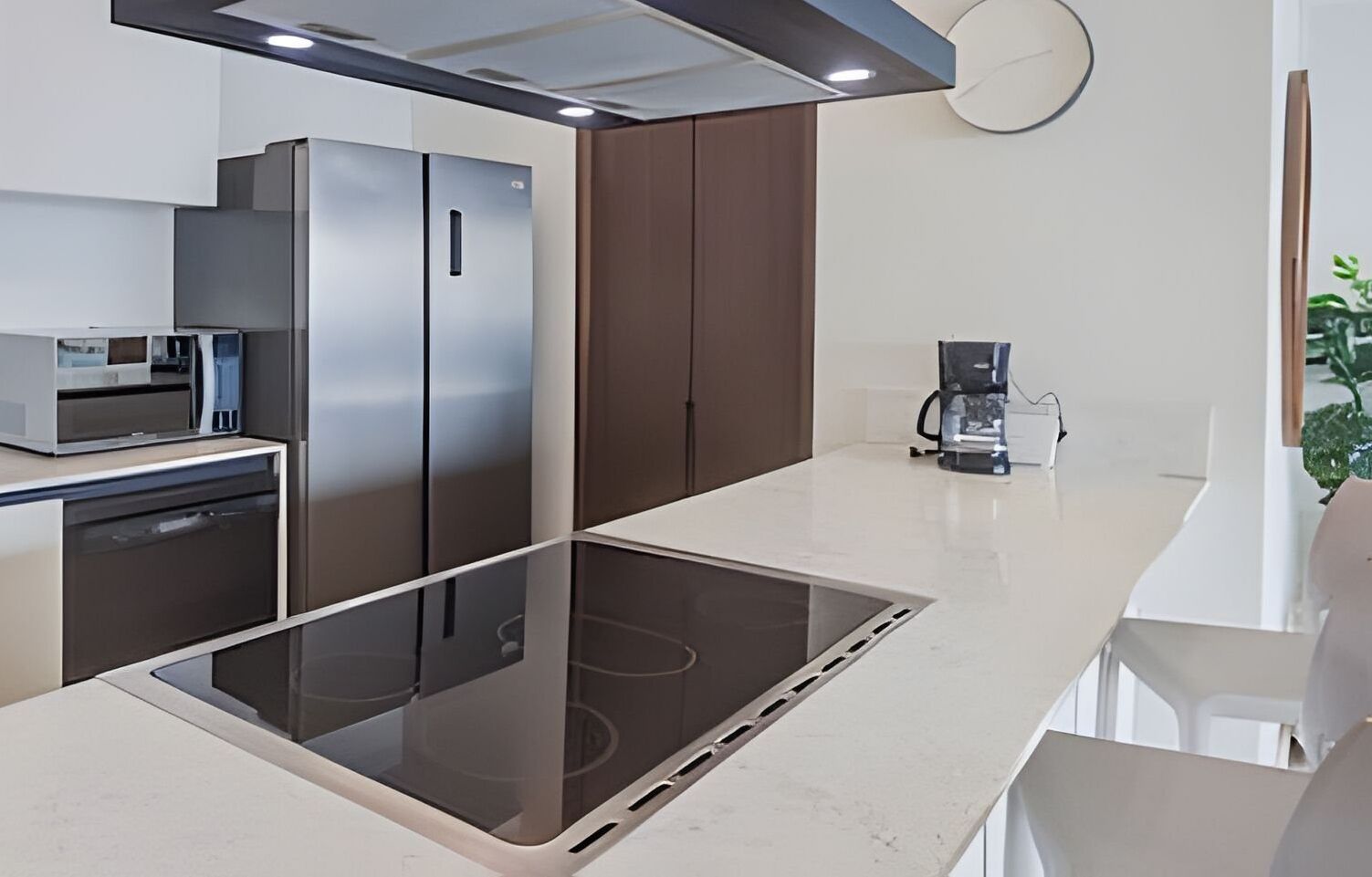 Fridge, microwave, cookware/dishes/utensils