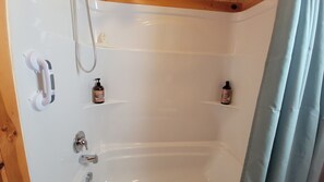Hair dryer, towels, soap, toilet paper