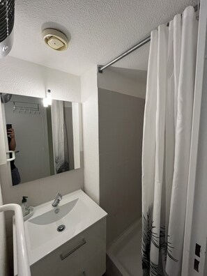 Shower, hair dryer, soap, toilet paper