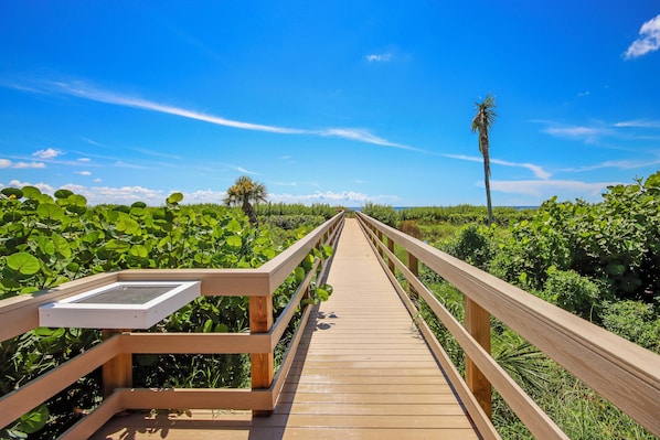A wooden boardwalk leading through a lush green area with a clear blue sky. - Fully Renovated Serene 2/2 ground floor Oasis (Sanibel)
