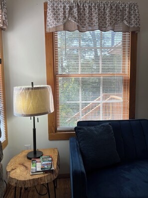 A room with a window, a lamp, a round wooden table with books, and a blue sofa. - Private & Relaxing backyard Hot Tub, Fire pit, nap under the trees in a Hammock (Canadensis)