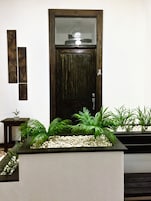 A modern entryway with a wooden door, a small table with a plant, and a decorative wall piece.